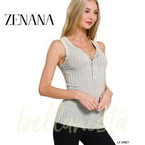 8471 ZENANA Lt Grey Acid Washed Ribbed Button Tank Top